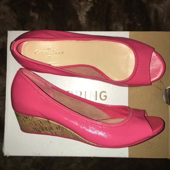 Cole Haan Shoes - Cole Haan Pink Patent Air Tali Open Toe Wedge Pump